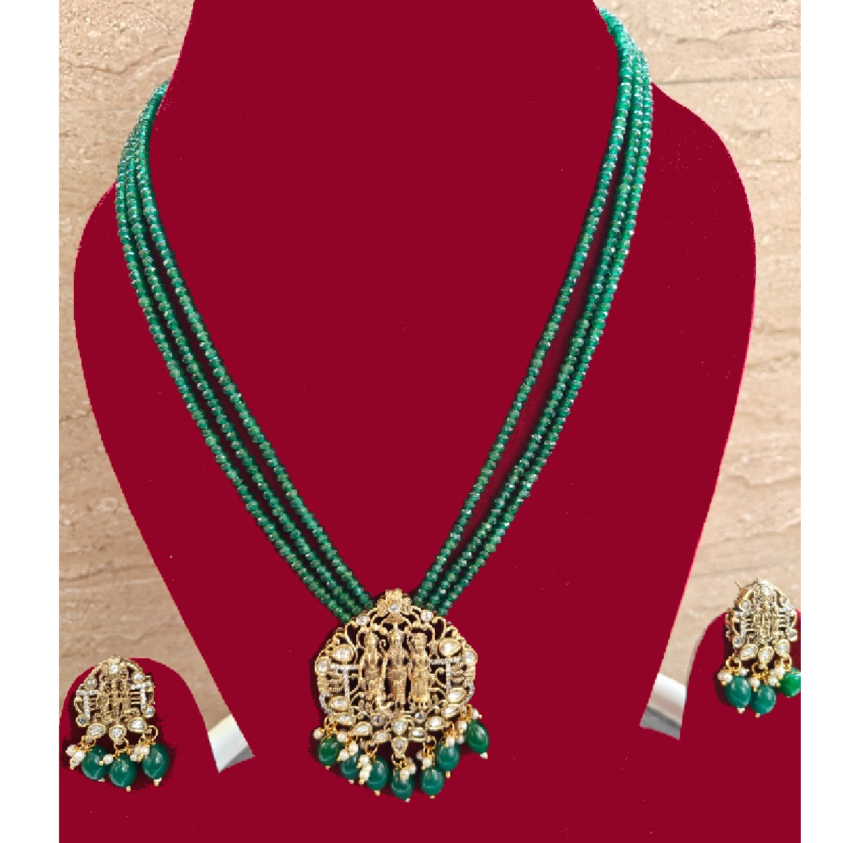 Green Beaded Necklace Set-Ethnic earrings pair