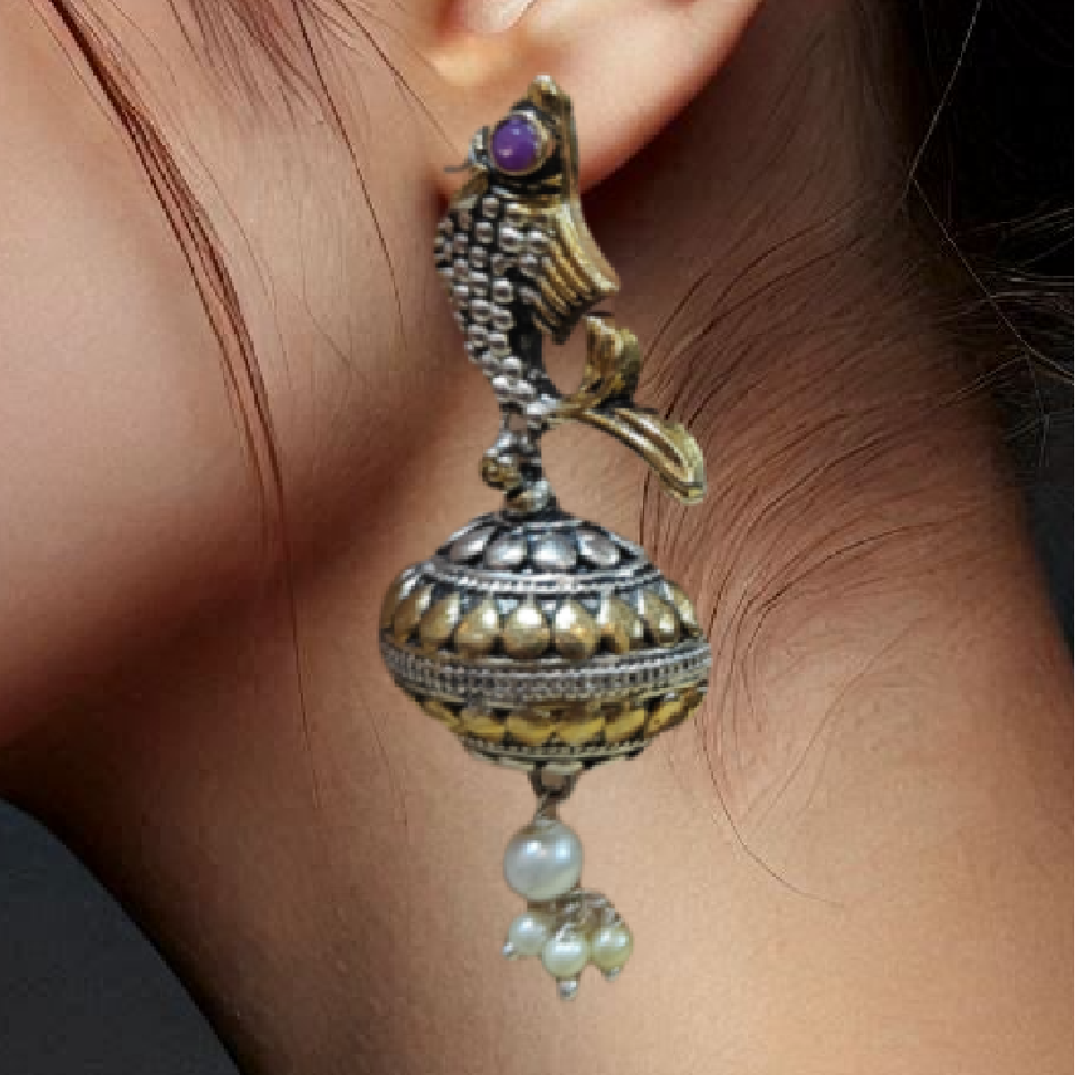 Oxidised Dangler Earrings-Vintage Appeal Girl is wearing it