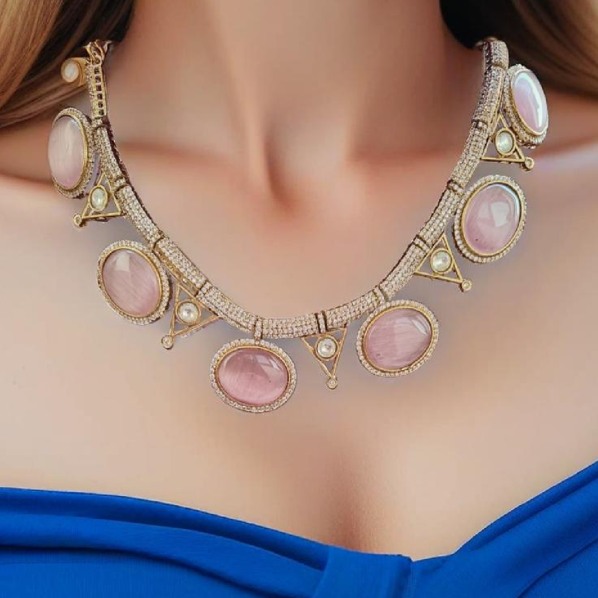 pink collar necklace set in fine stone-woman wearing it
