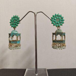Turquoise Danglers with Green Stud Part- Displayed on Stand