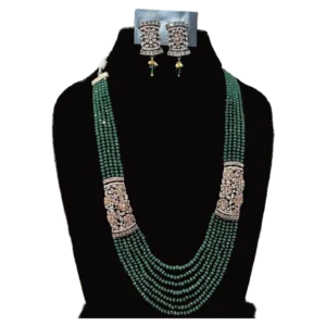Green Multistrand Necklace Set-Oyster Pink Earrings-displayed on mannequin