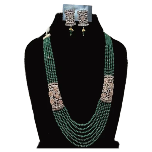 Green Multistrand Necklace Set-Oyster Pink Earrings-displayed on mannequin