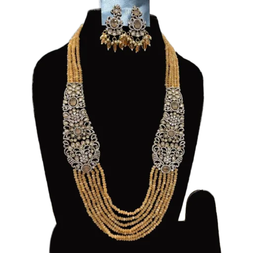 Beige Multistrand Necklace set with Pastel Brown Earrings-displayed on mannequin