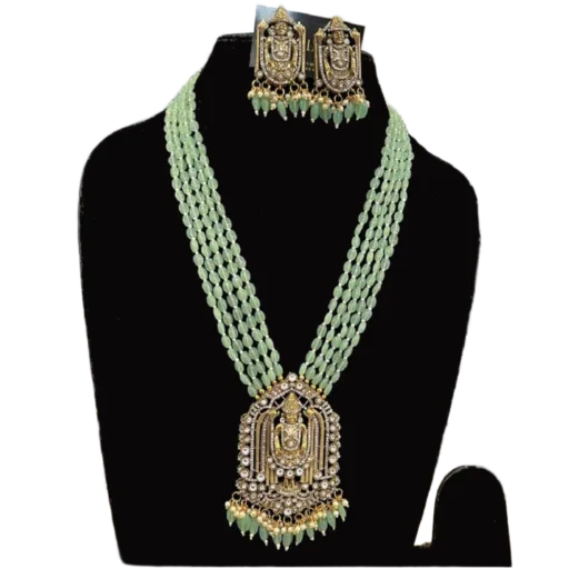 Grey Green Necklace Set-Multistrand Temple Neckpiece-displayed on mannequin