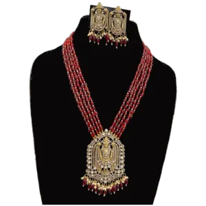 Ruby Colour Beaded Necklace Set-Multistrand-displayed on mannequin