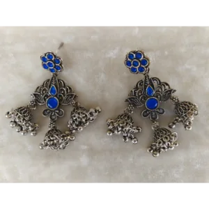 Blue Silver Oxidised Earrings in Jhumka Style