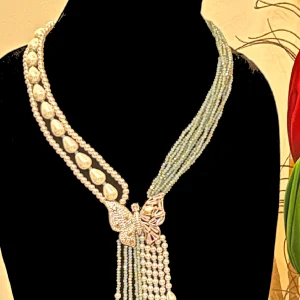 Crystal and Shell Pearl Necklace - Peach and Cloudy Blue