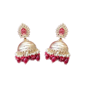 Dull Golden Jhumka Earrings with Red Bead Drops
