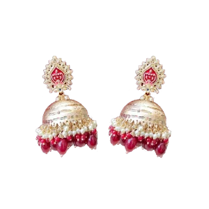 Dull Golden Jhumka Earrings with Red Bead Drops