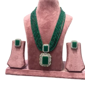 Emerald Green Colour Necklace Set-Layered Neckpiece, displayed on jewellery stand