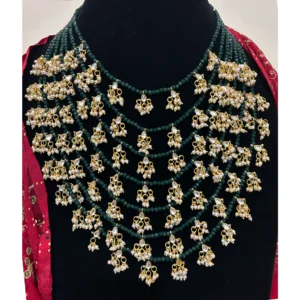 Emerald Green Kundan Satlada Haar , displayed on a black colour mannequin