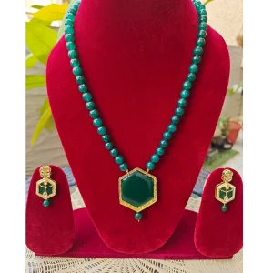 Emerald Green Long Necklace Set-Theva Work