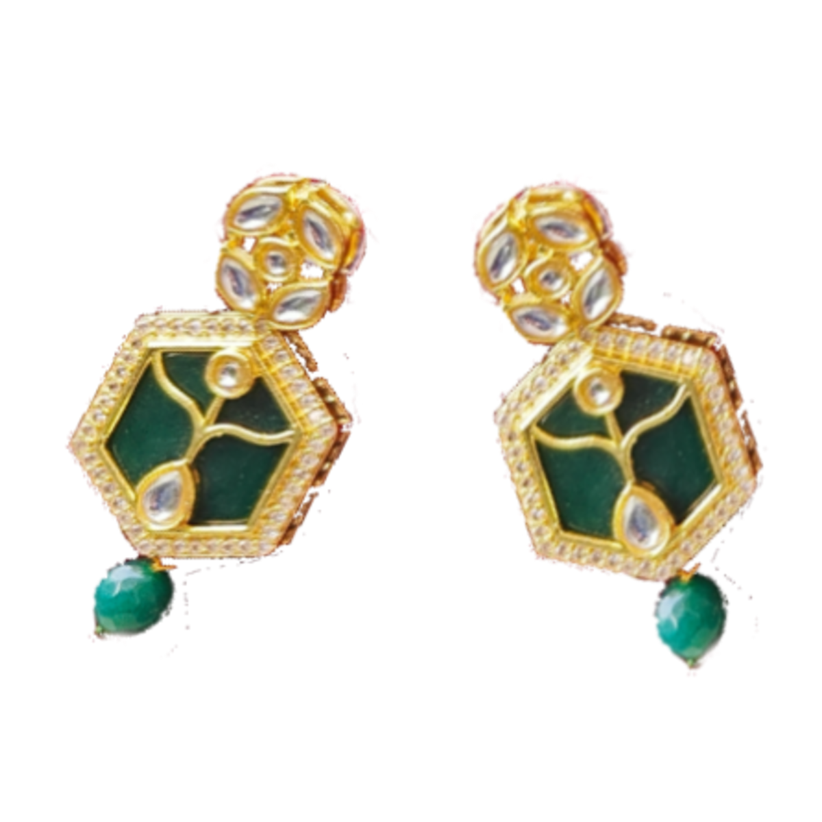 Emerald Green Long Necklace Set-Theva Work-Earrings