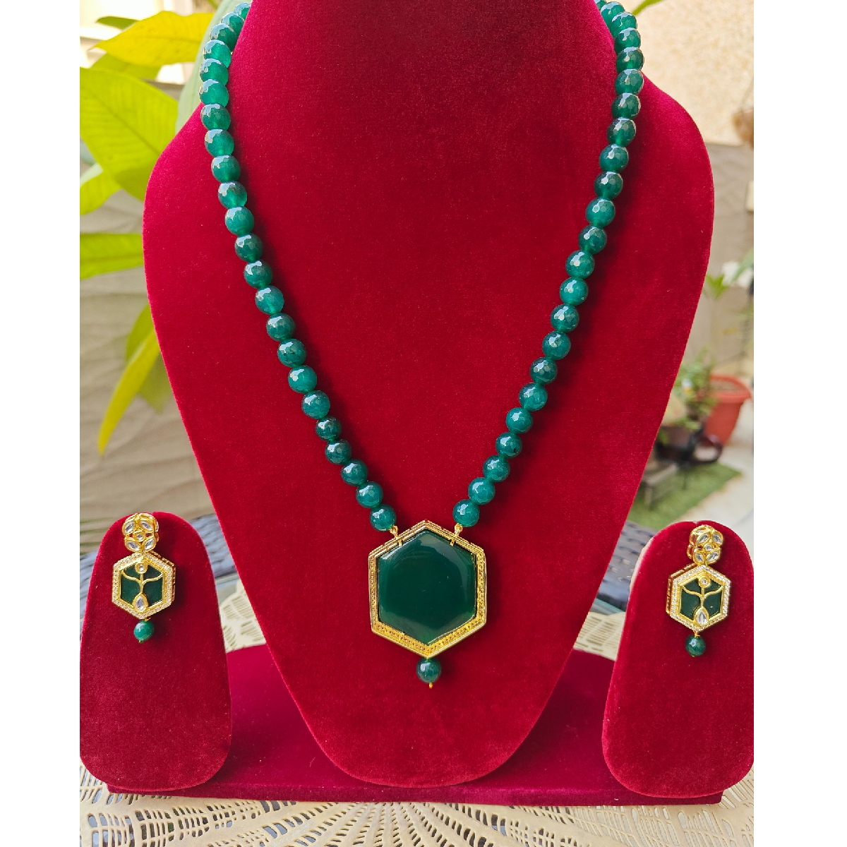 Emerald Green Long Necklace Set-Theva Work