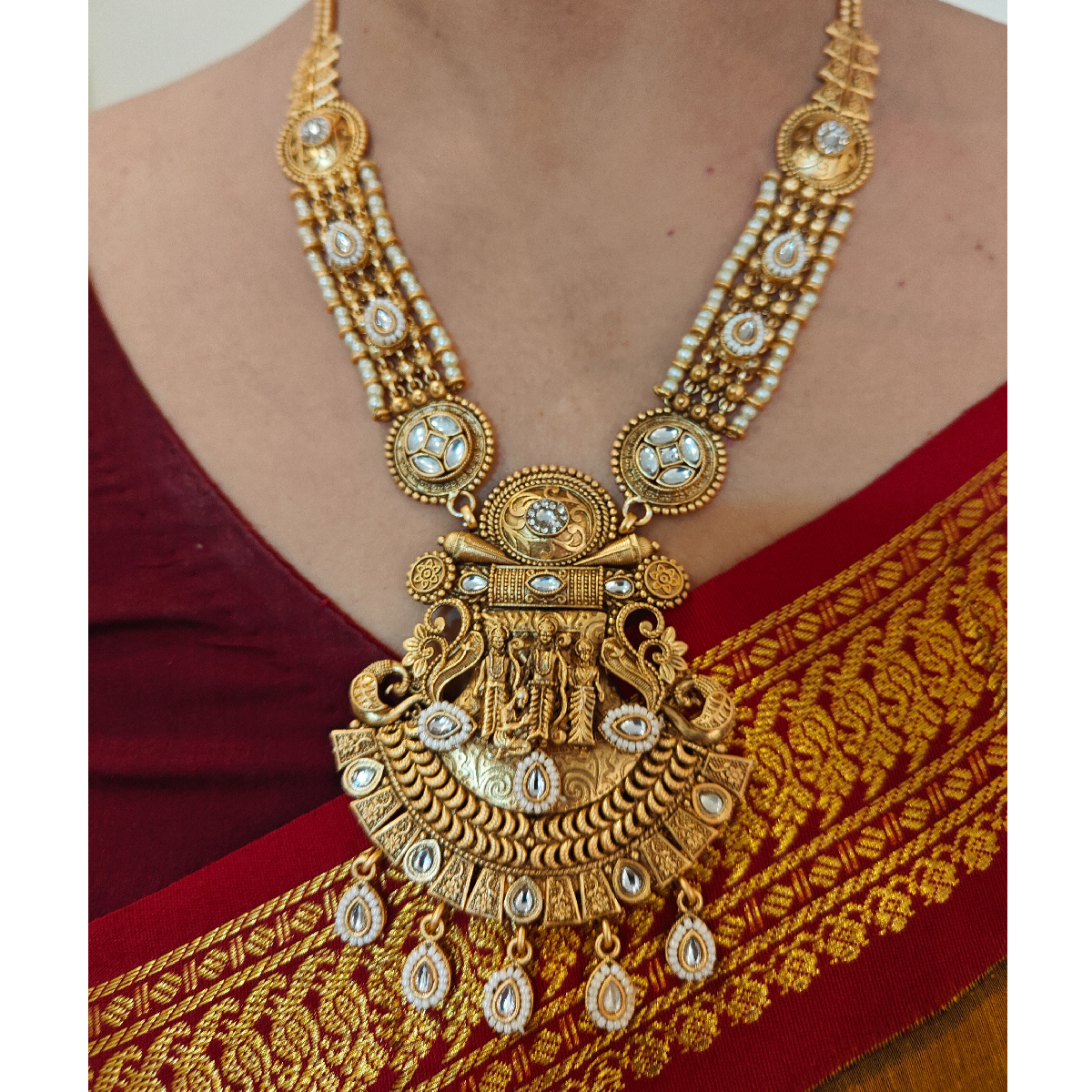Ethnic Golden Necklace Set-Temple Neckpiece Intricate Design