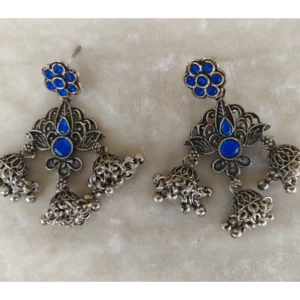 Blue Silver Oxidised Earrings in Jhumka Style