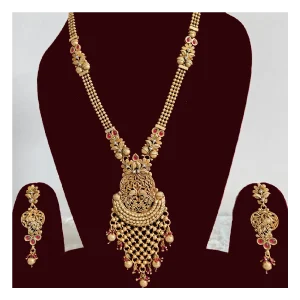 Golden Ethnic Necklace Set-Temple Long Neckpiece