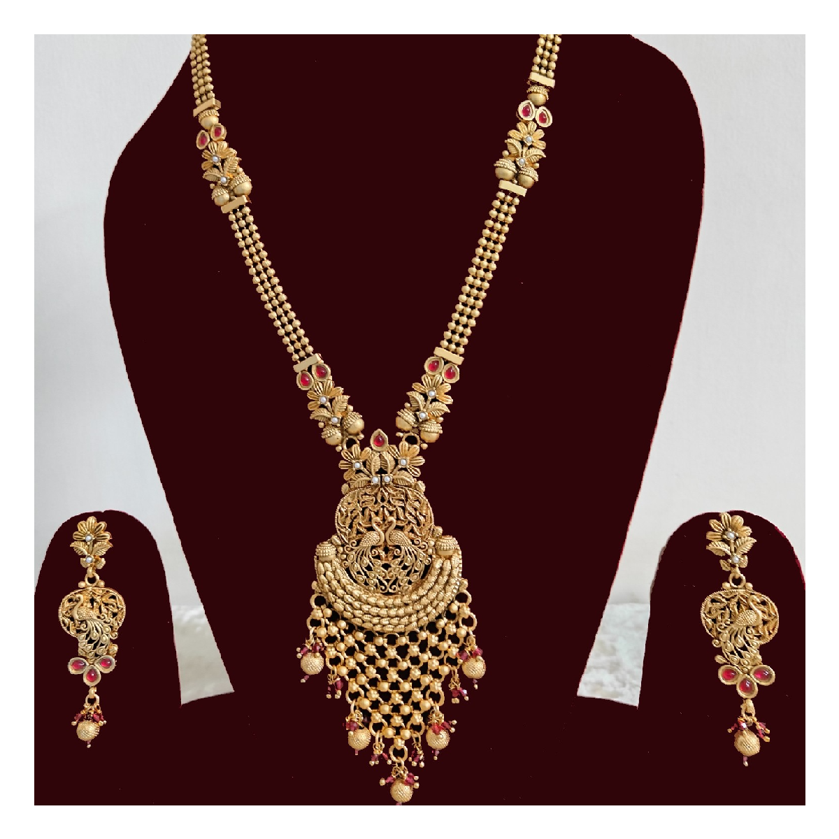 Golden Ethnic Necklace Set-Temple Long Neckpiece
