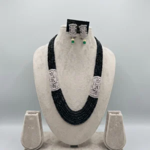 Green Layered Necklace Set with Pink earrings displayed on a jewellery stand