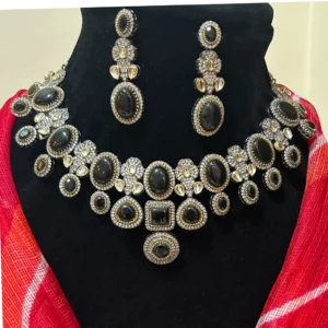 Green Stone Necklace Set in Collar Length with Intricate Stone Settings