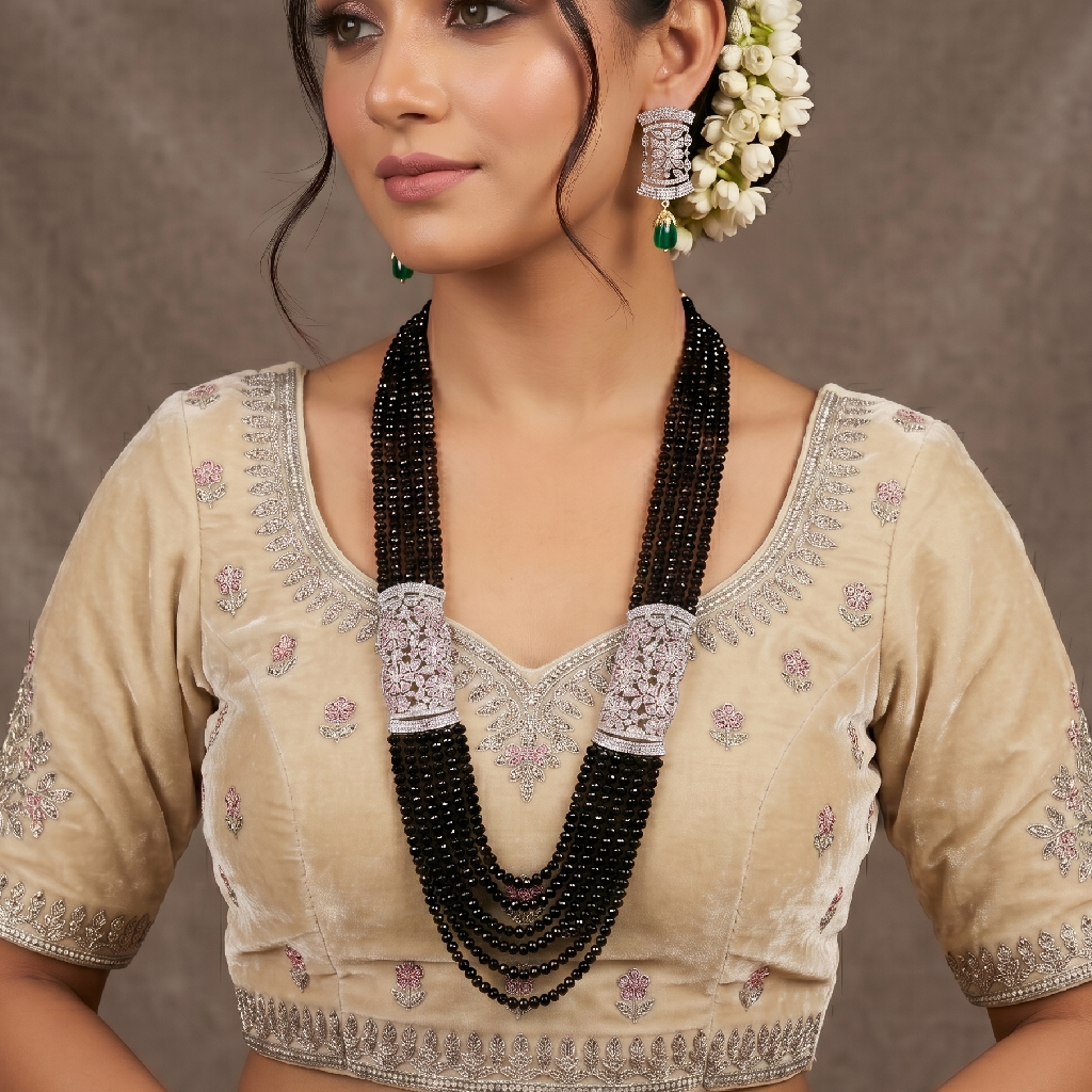 Green layered Necklace Set with Pink Earrings, woman is wearing