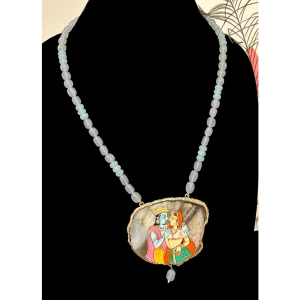 Grey Beads Necklace with Hand Painted Radha Kishan Pendant
