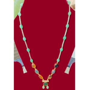 Multicolor Stone String Necklace-Stylish Long Neckpiece, displayed on a red stand