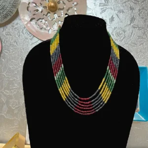 Multicolour Layered Necklace-Beads with Coordinated Colours, displayed on a black colour stand