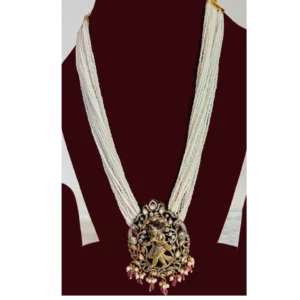 Multilayered White Necklace Krishna displayed on a maroon jewellery stand