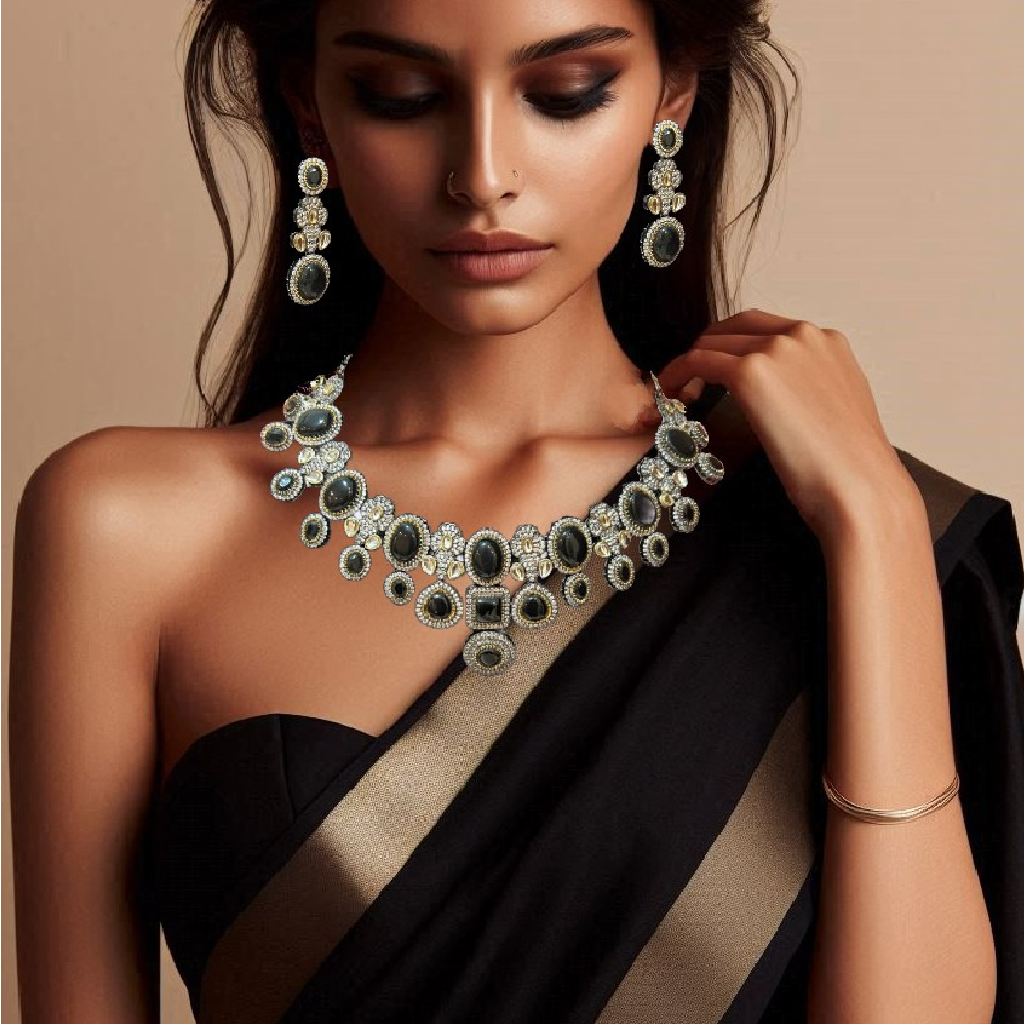 Green Stone Necklace Set in Collar Length with Intricate Stone Settings pic3