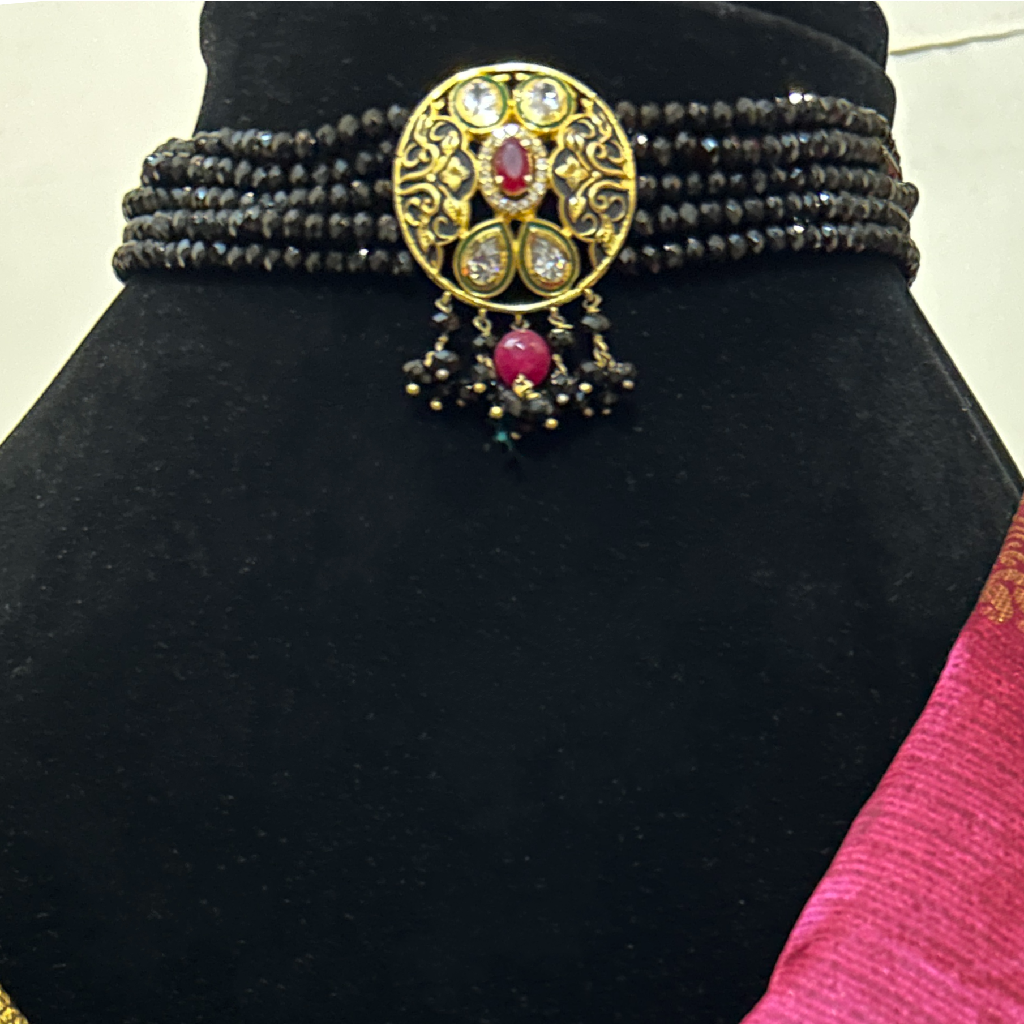 Black Beaded Choker with Metallic Golden Centerpiece