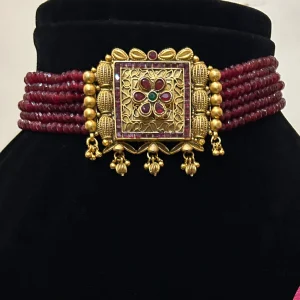 Ruby Colour Necklace-Choker with Layered Stone Strings