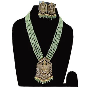 Grey Green Necklace Set-Multistrand Temple Neckpiece