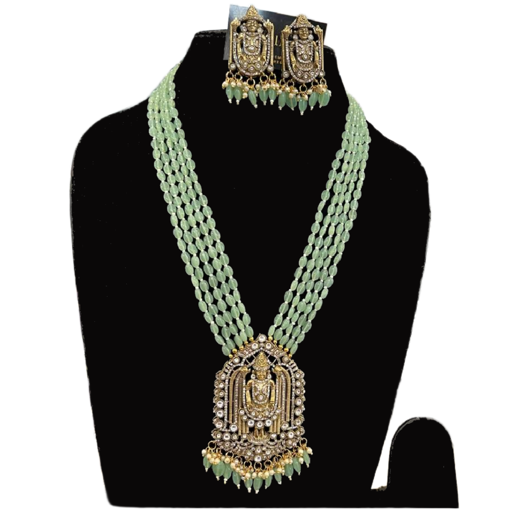 Grey Green Necklace Set-Multistrand Temple Neckpiece