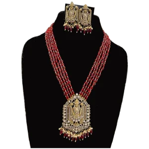 Ruby Colour Beaded Necklace Set-Multistrand
