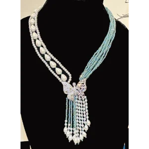 Aqua Blue Necklace in Tassel with White Shell Pearls