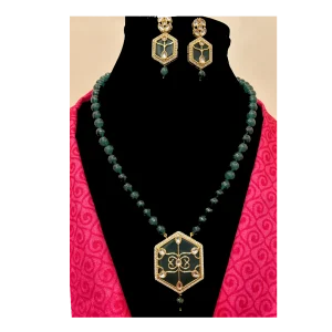 Mineral Green Necklace Set-Pendant with Theva Work