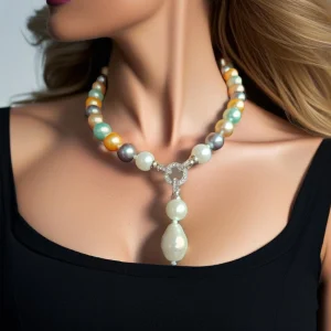 Multicolour Necklace in Pastels With Pearl Pendant
