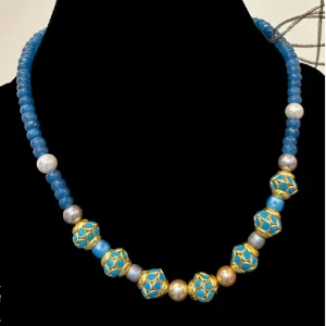 Blue Beaded Collar Necklace with Yellow Balls