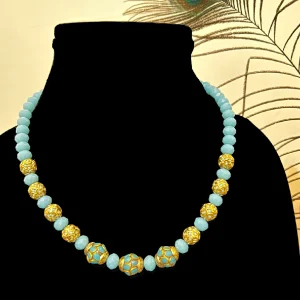 Pale Blue Necklace with Mustard Beads in Collar Length