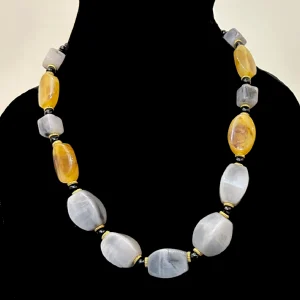 Mustard Necklace in Collar Length with Grey Beads