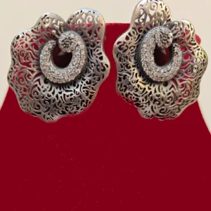 Oxidised Studs-Grey Earrings With Stone Work displayed on a red colour jewellery stand at top