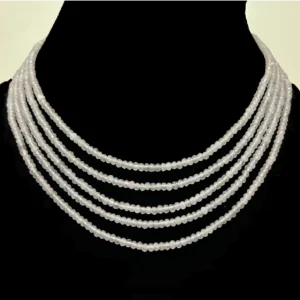 Pastel Grey Beads Collar Necklace, displayed on a black stand