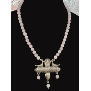 Pink Colour Necklace-Oxidised Metal Pendant displayed on a black stand