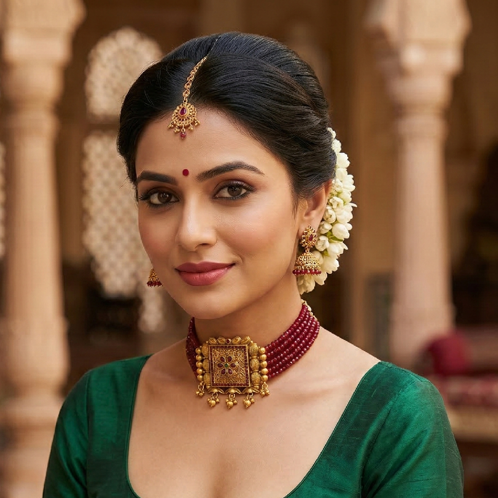 Ruby Colour Necklace-Choker with Layered Stone Strings woman is wearing it