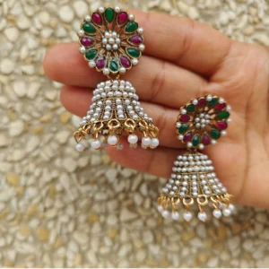 White Jhumka Earrings with Green Red Upper Dangle