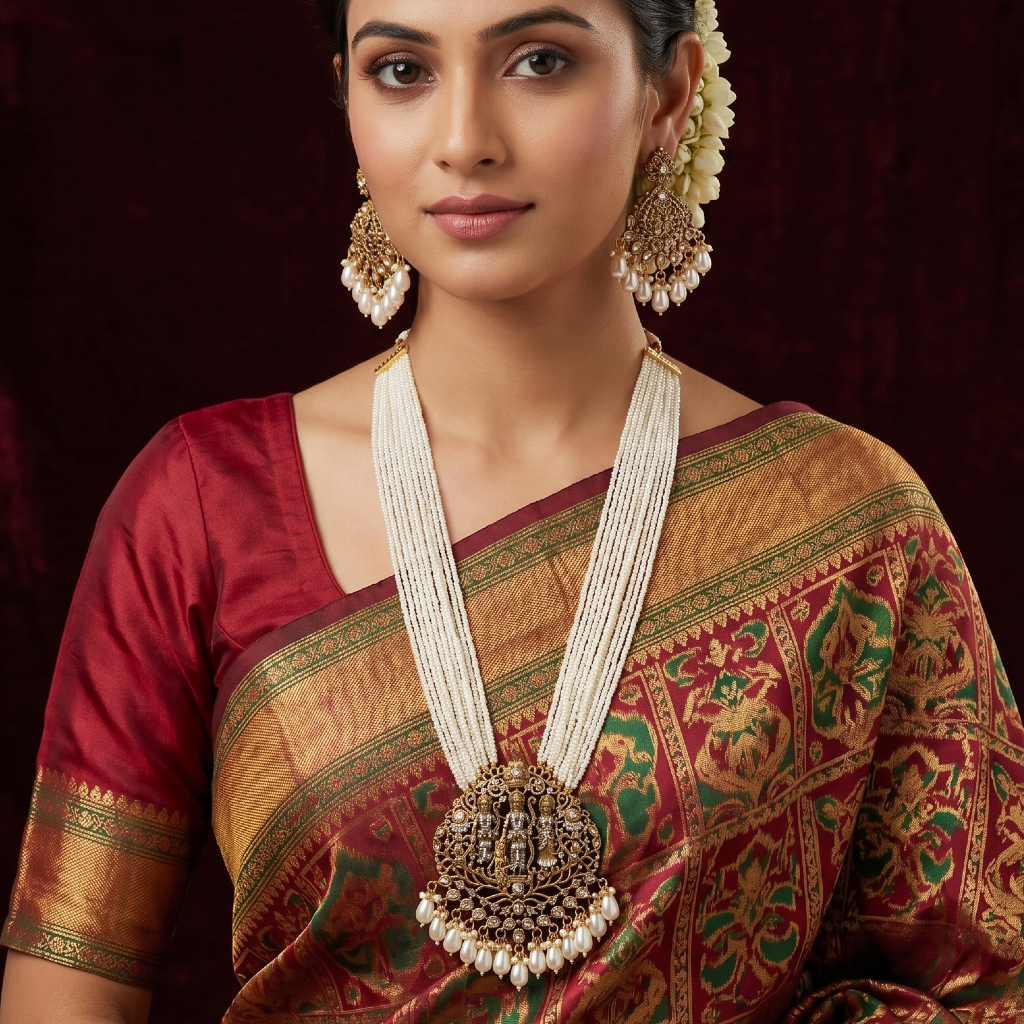 White Multistrand Necklace Set-Majestic Temple Piece , a woman wearing it on silk saree