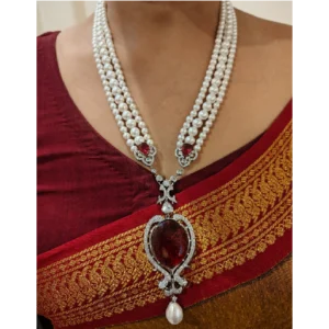 White layered Necklace with Ruby Colour Stone Pendant, woman wearing it