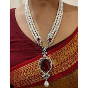 White layered Necklace with Ruby Colour Stone Pendant