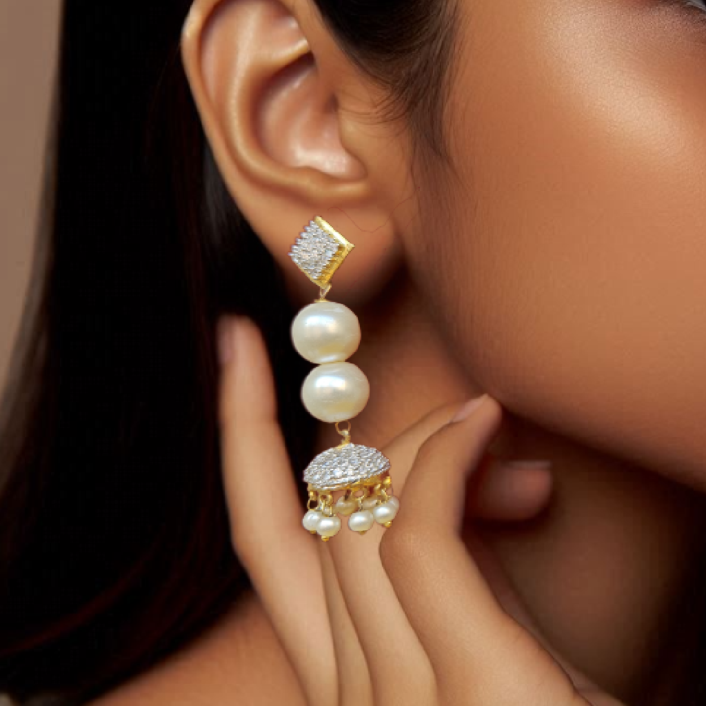 White Pearl Danglers with Small white Drops - a girl wearing it